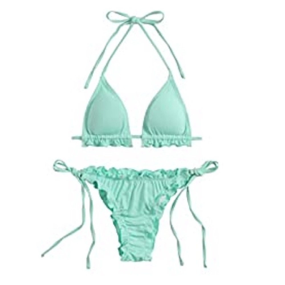 NWT Frill Trim Halter Triangle Tie Side Thong Bikini - size small